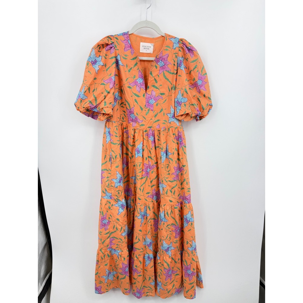 Hyacinth House Cisco Maxi Dress Women XS Orange Floral Puff Sleeve Tiered Cotton